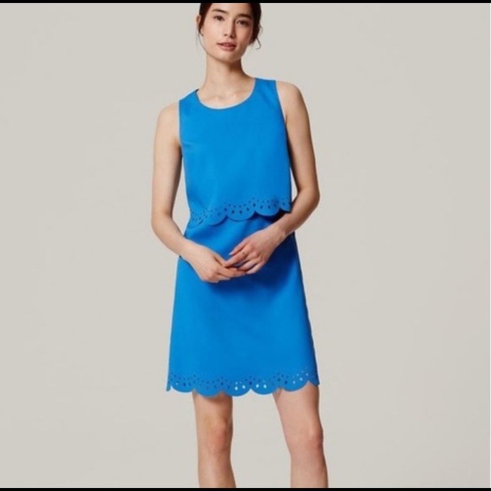 LOFT Scalloped Hem Blue Laser Cut Overlay Dress